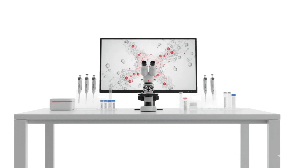 Laboratory bench with a microscope and stem cell imaging